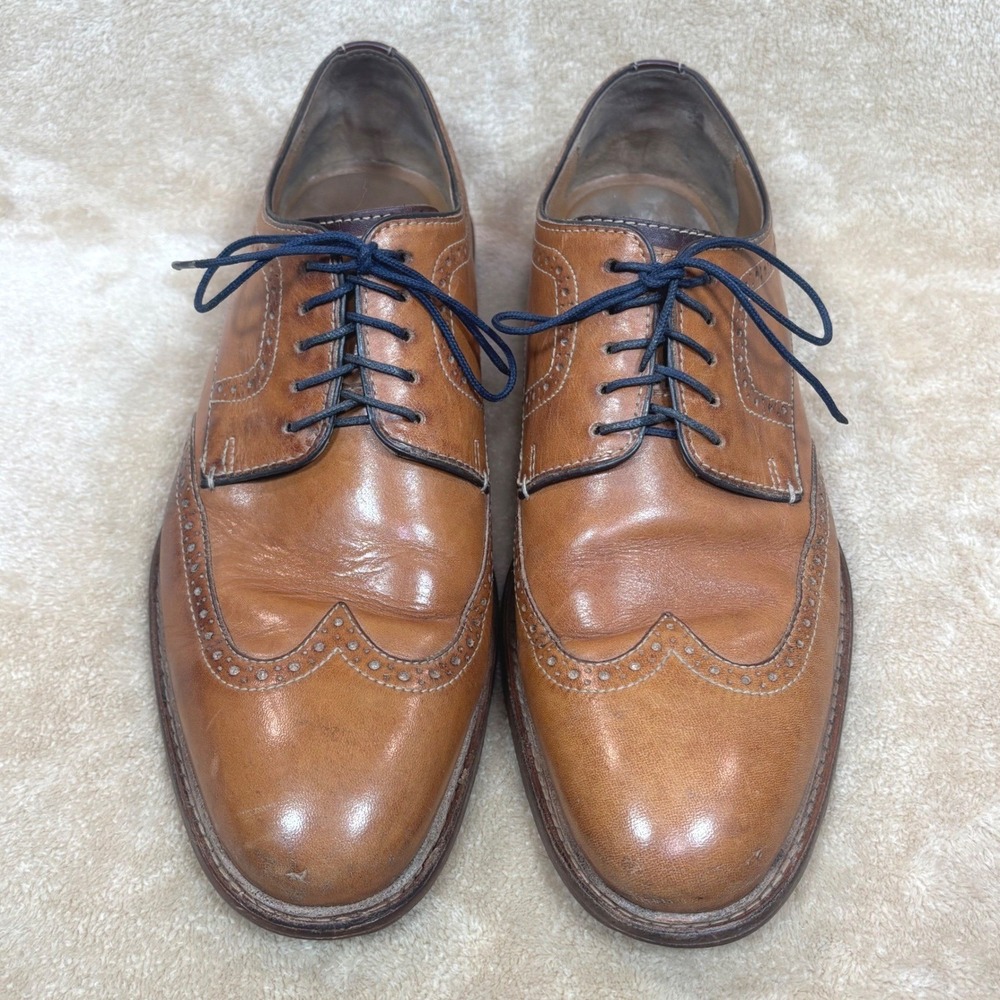 Johnston & Murphy Mens Tan Leather Wingtip Oxford Sheepskin Dress Shoes 9.5M